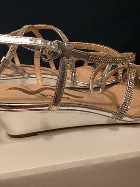 Nina Silver Metallic Rhinestone Strappy Wedge Sandals